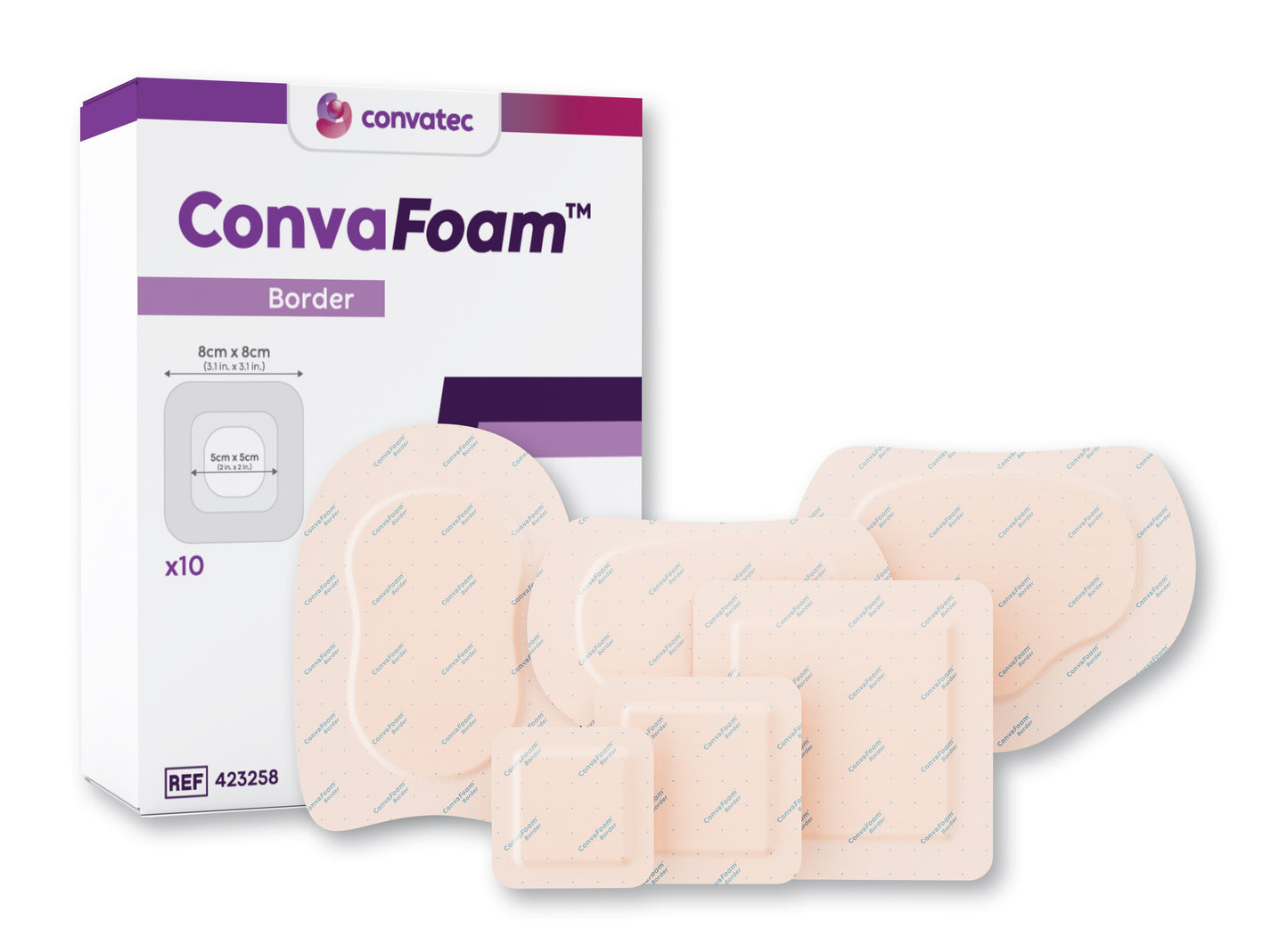 ConvaFoam Border Adhesive Silicone Hydrofiber Foam Dressing, Small, Sacral, 8" x 7" Dressing, 5.3" x 4.5" Pad (Box of 5)