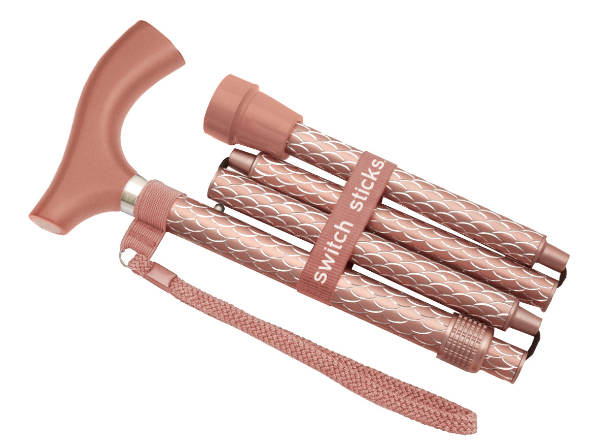 Switch Sticks Designer Walking Stick Cane, Folding, Adjustable, Engraved Rose Gold