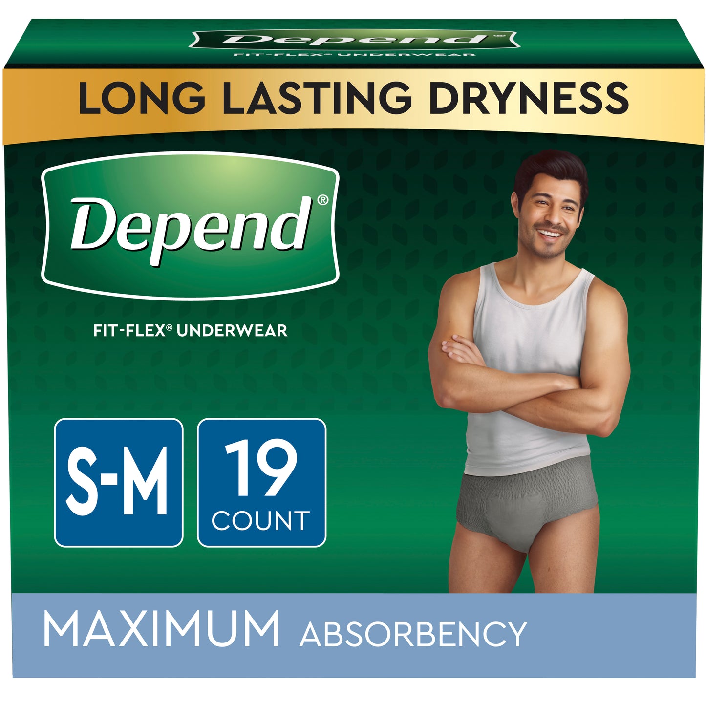 Depend Maximum Absorbency Underwear for Men small/medium, 28" - 40" waist, 34" - 46" hips, disposable. REPLACES: 6951700 (Package of 19)