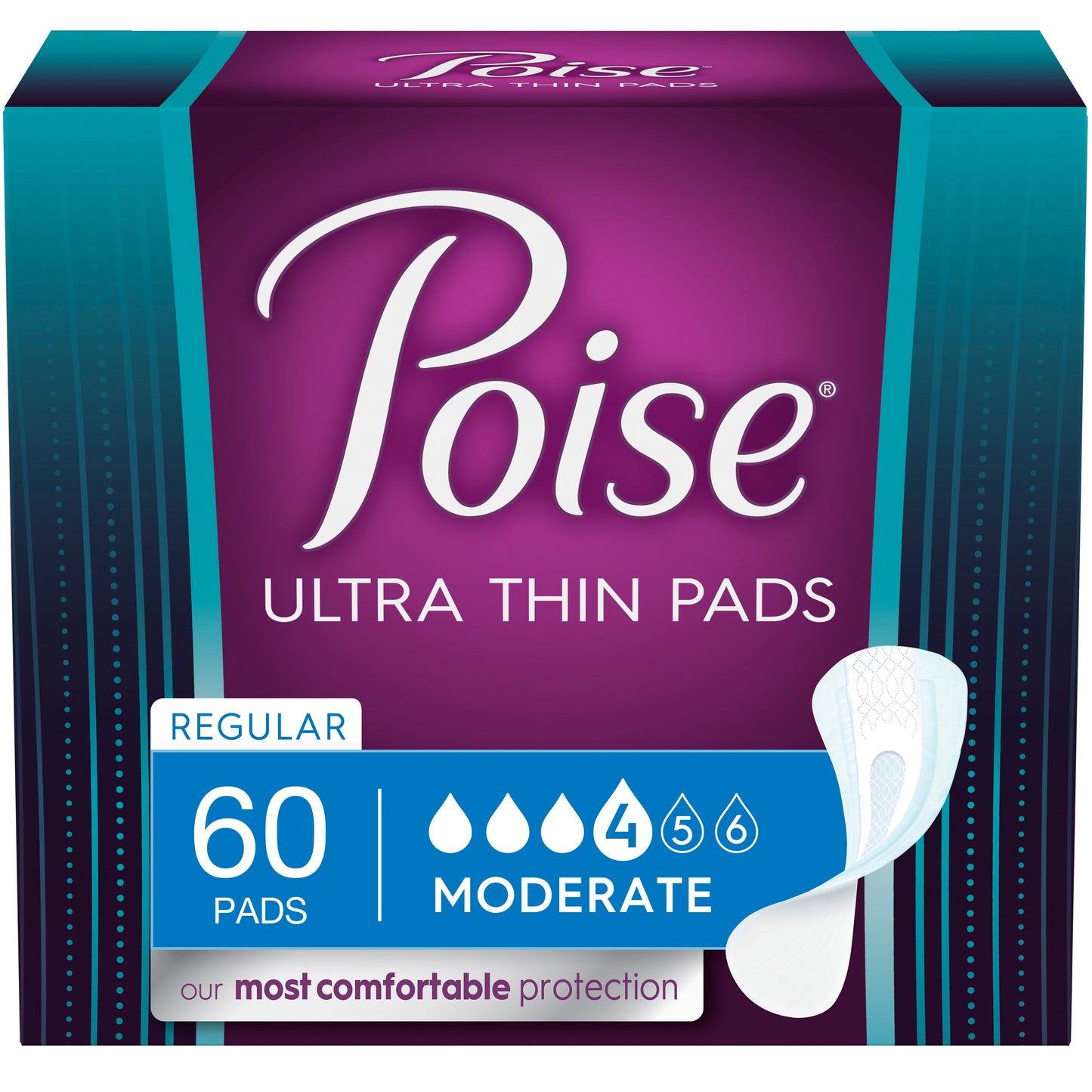 Poise Ultra Thin Incontinence Pads, Moderate Absorbency, 60 Count, Regular Length, 10.24" Long (Case of 180)