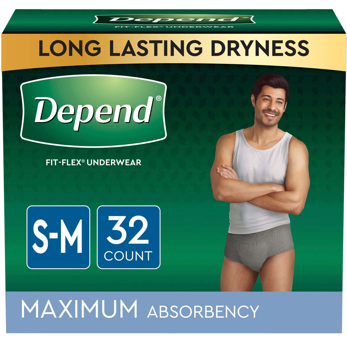 Depend FIT-FLEX Incontinence Underwear for Men, Maximum Absorbency, Small/Medium, Gray, 32 Count, Replaces Item 6912539 (Case of 64)