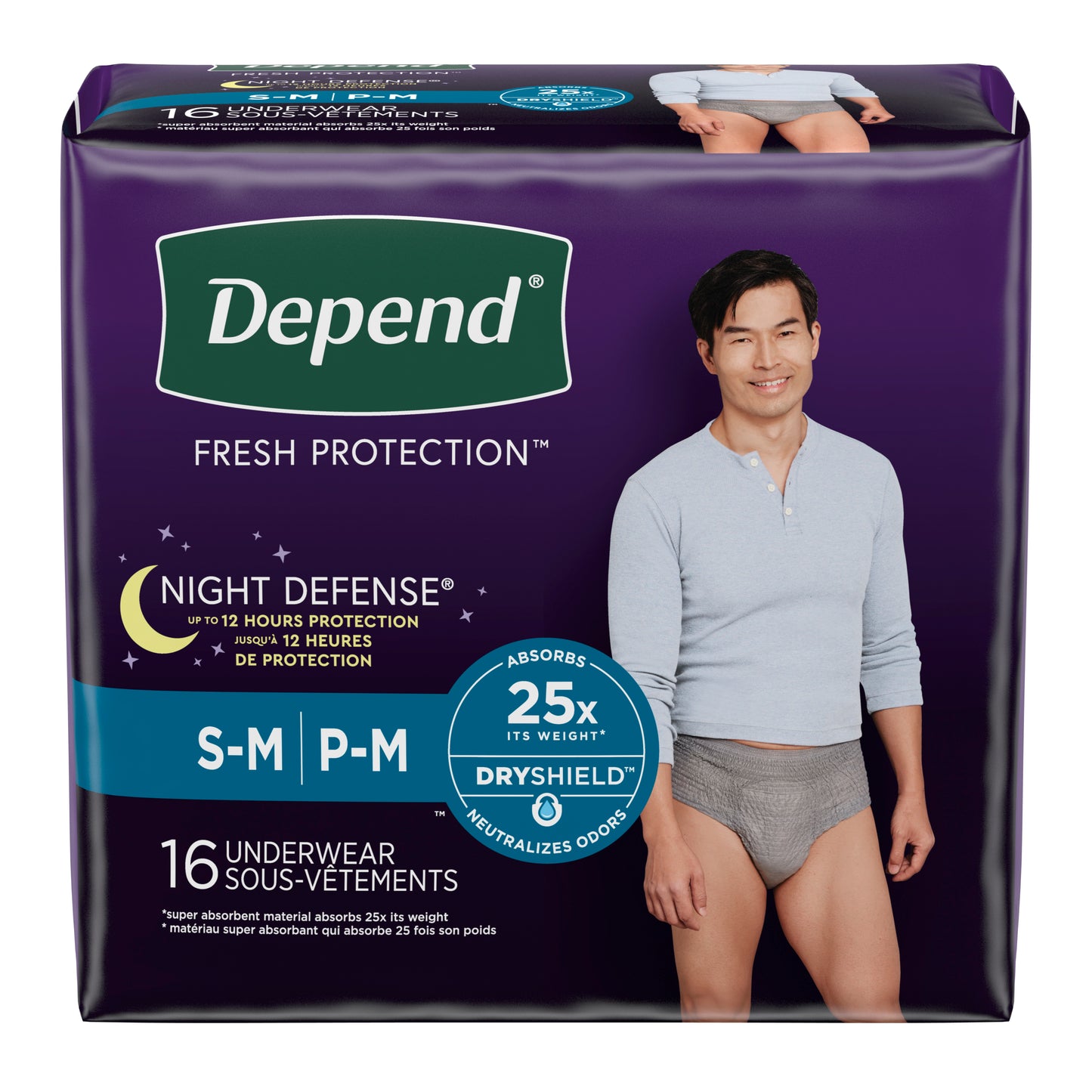 Depend Night Defense, Overnight Underwear, Grey, Male, Small/Medium - Replaces 6951124 (Package of 16)