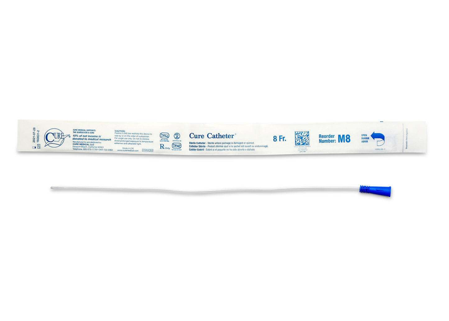 Cure Catheter Uncoated, Single, Male, 16" Straight Tip, 8 FR (Box of 30)