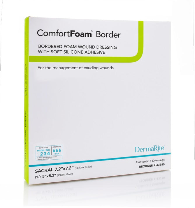 ComfortFoam Border Foam Wound Dressing with Soft Silicone Adhesive, Sm. Sacral, 7.2" x 7.2"