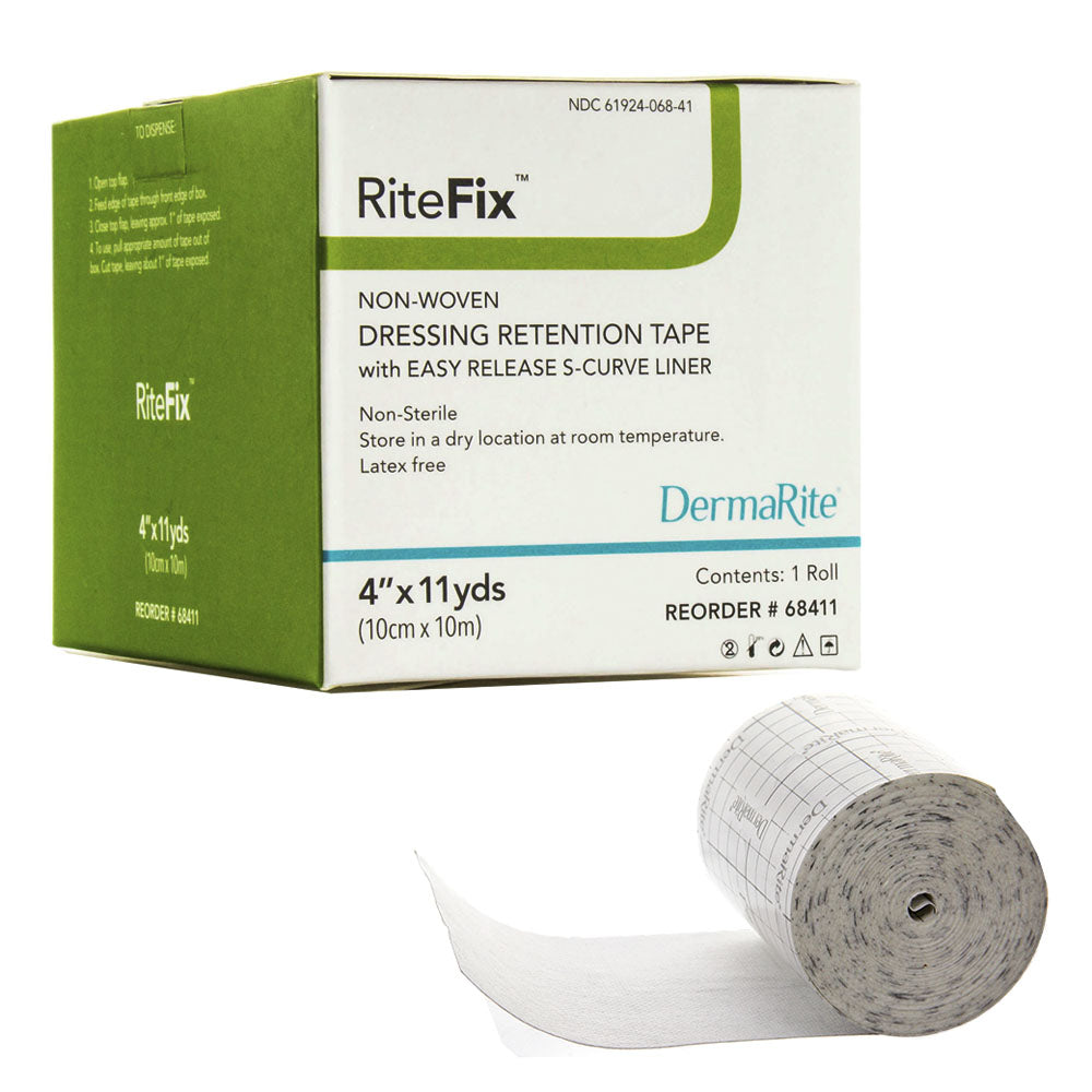 RiteFix Non-Woven Dressing Retention Tape with Easy Release Curve Liner, 4" x 11 yds