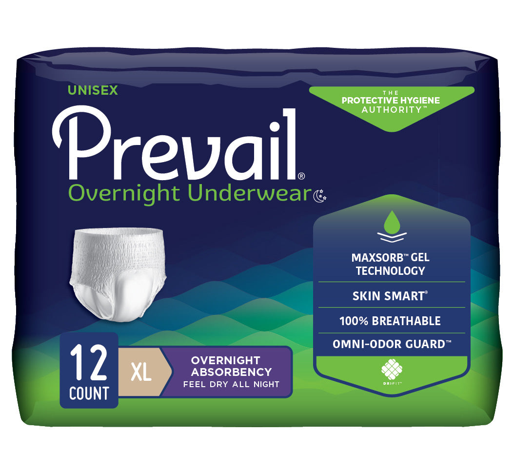 Prevail Unisex Overnight Underwear, X-Large, 58" x 68" - REPLACES FQPMX514 & FQPWX514. (Package of 12)
