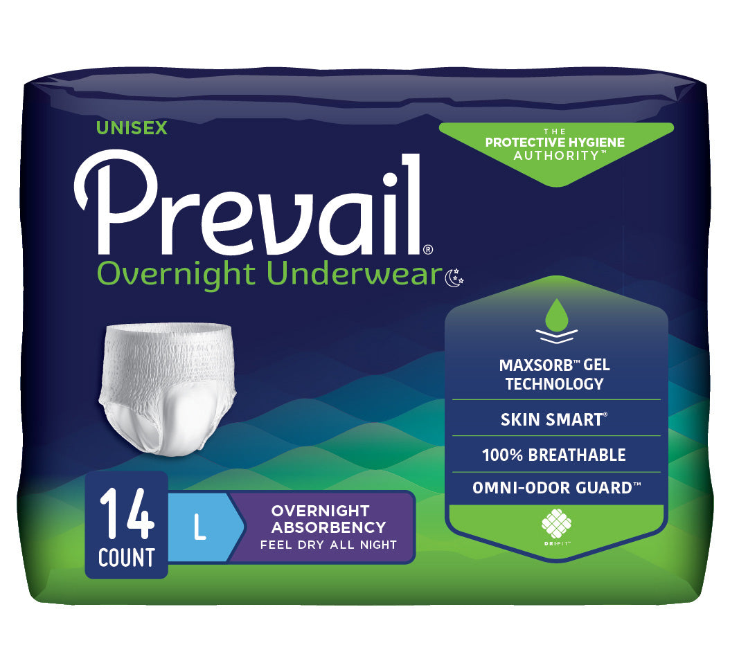 Prevail Unisex Overnight Underwear, Large, 44" x 58" - REPLACES FQPMX513 & FQPWX513 (Case of 56)