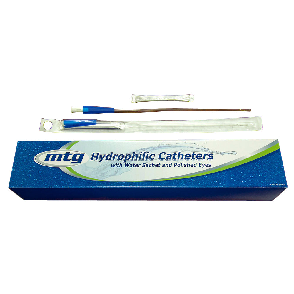 MTG Hydrophilic Straight Tip Male Intermittent Catheter, 14 Fr, 16" Soft Vinyl Catheter with Sterile Water Sachet and Handling Sleeve