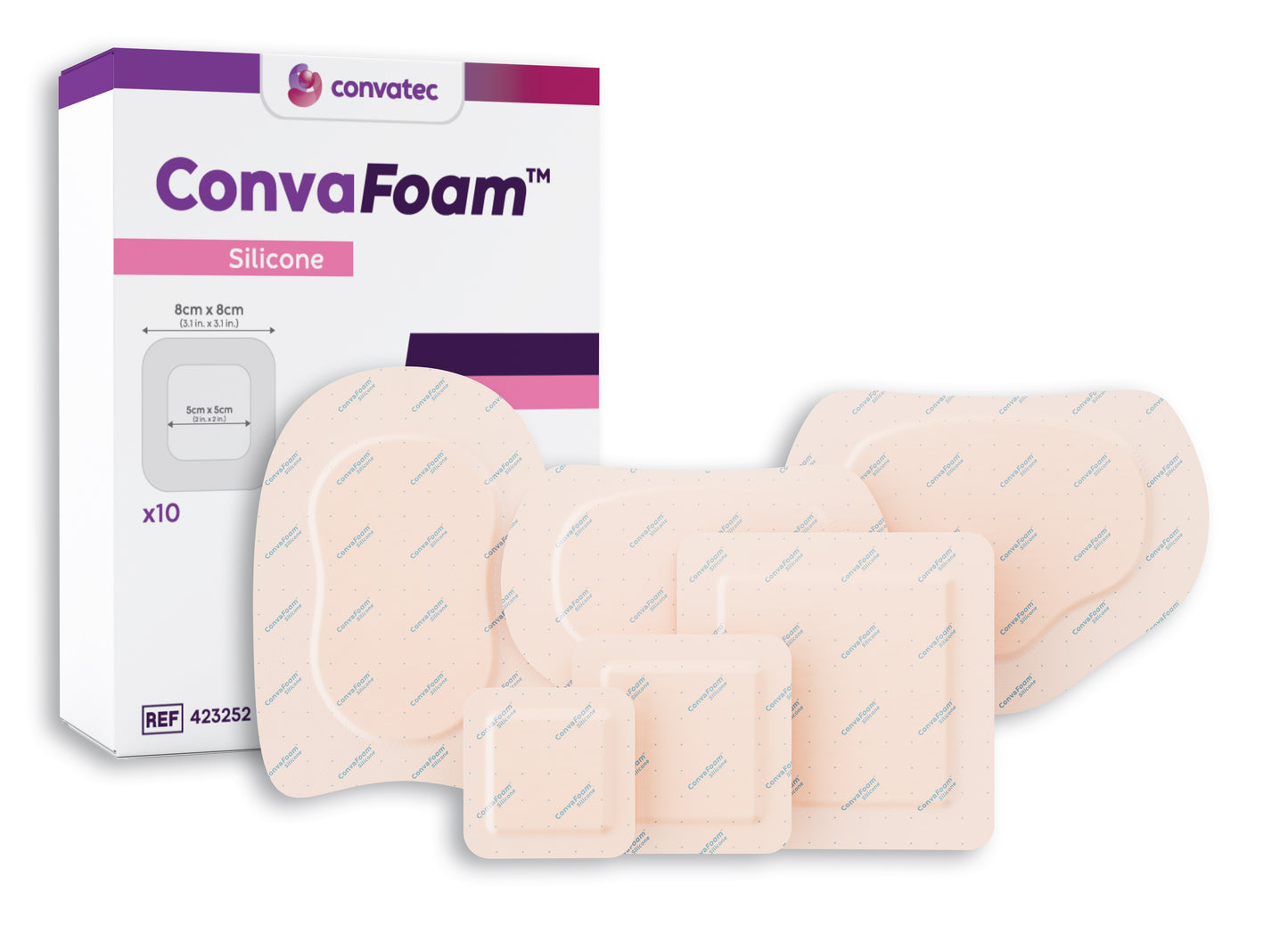 ConvaFoam Adhesive Silicone Hydrofiber Foam Dressing, 4" x 4" Dressing, 2.6" x 2.6 Pad