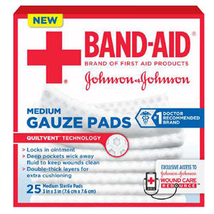 J & J Band-Aid First Aid Gauze Pads 3" x 3" 25 CT (Box of 25)