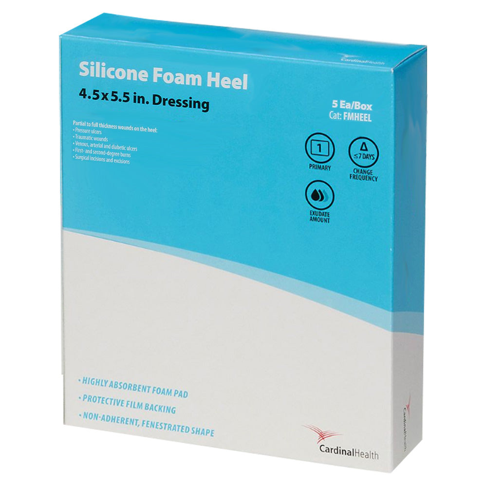 Cardinal Health Kendall Silicone Non-Bordered Foam Heel Wound Dressing, 4.5" x 5.5" (Box of 5)