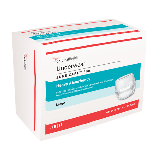 Cardinal Health Protective Underwear, Sure Care Plus, Heavy Absorbency, Large, 44" - 54" (Package of 18)