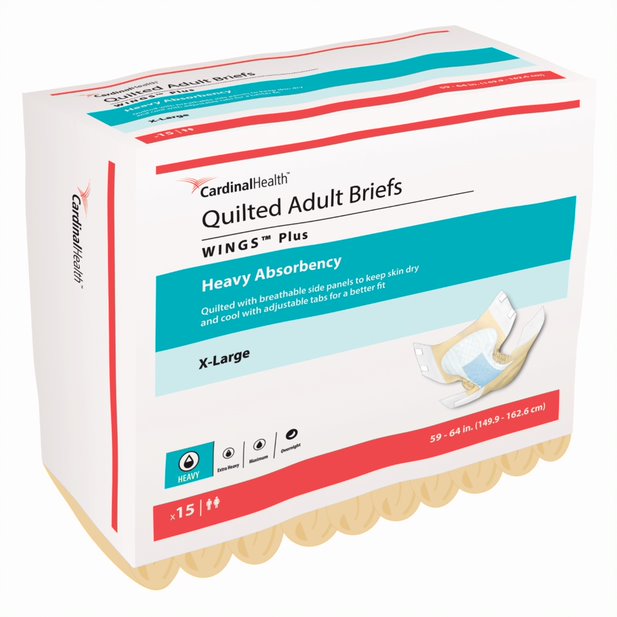 Cardinal Health, Quilted Adult Briefs, Wings Plus, X-Large, 59" - 64" (Case of 60)