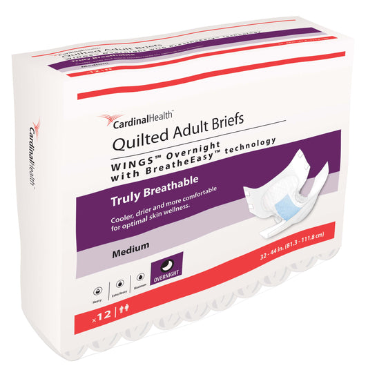 WINGS Overnight Quilted Brief with BreatheEasy Technology, Medium, 32" - 44", Absorbency Level 4 (Package of 12)