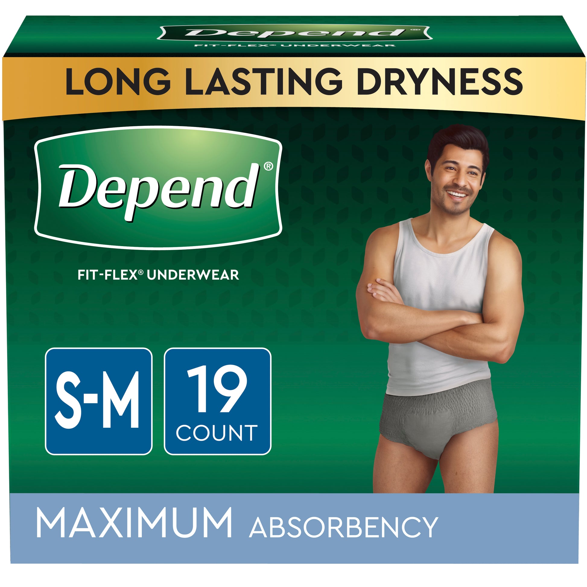 Depend Maximum Absorbency Underwear for Men small/medium, 28" - 40" waist, 34" - 46" hips, disposable. REPLACES: 6951700 (Package of 19)