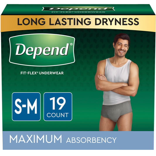 Depend Maximum Absorbency Underwear for Men small/medium, 28" - 40" waist, 34" - 46" hips, disposable. REPLACES: 6951700 (Package of 19)