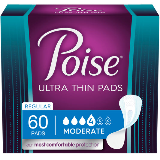 Poise Ultra Thin Incontinence Pads, Moderate Absorbency, 60 Count,  Regular Length, 10.24" Long (Case of 180)
