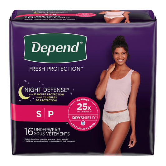 Depend Night Defense Underwear For Women, Overnight Absorbency, Blush, Small, 24" - 30" Waist. REPLACES 6947917 (Package of 16)