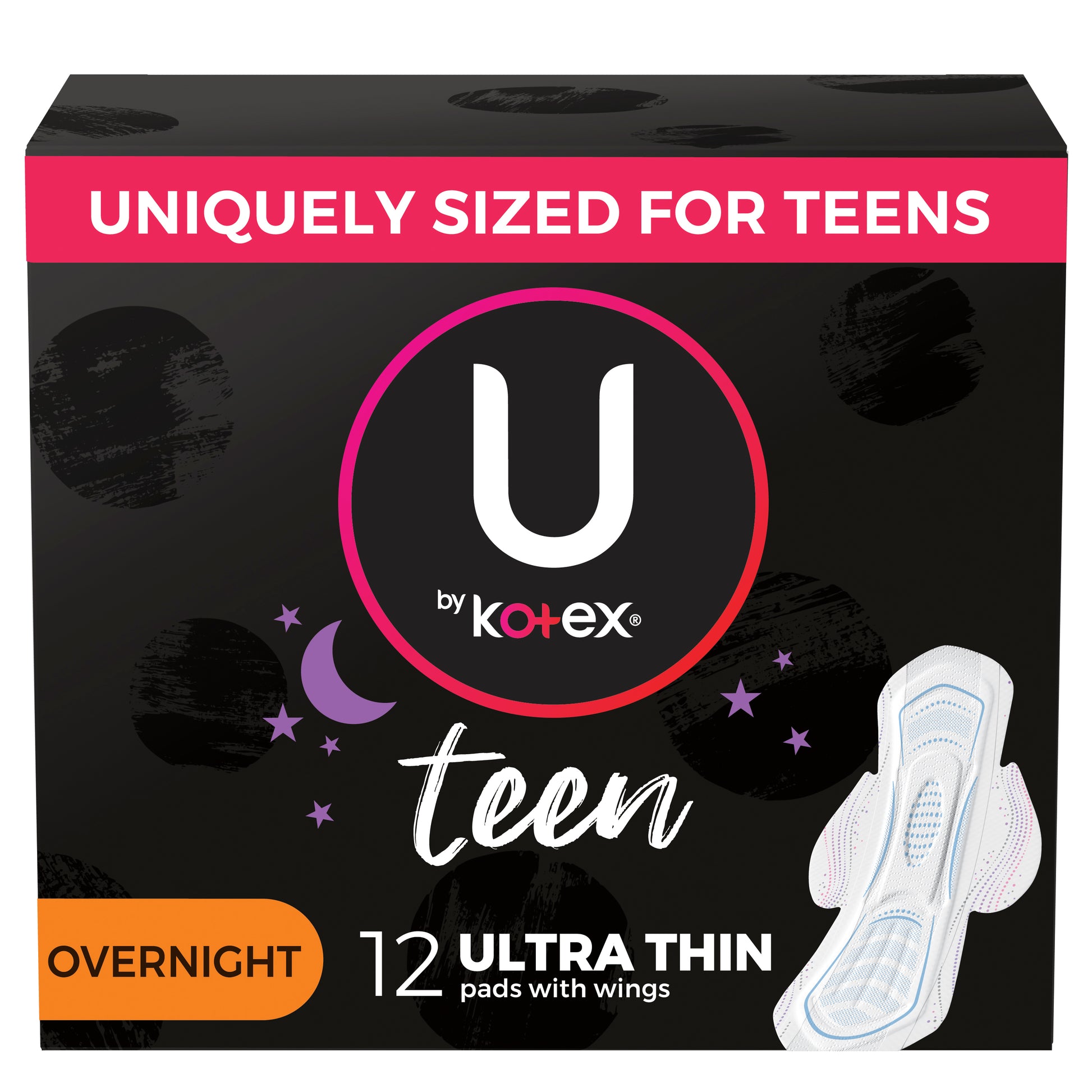 U by Kotex Super Premium Ultra Thin Overnight with Wings Teen Pad (Case of 48)