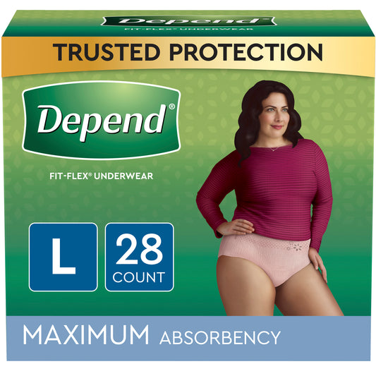 Depend FIT-FLEX Incontinence Underwear for Women, Maximum Absorbency, Large, Blush, 28 Count, Replaces Item 6912537 (Package of 28)