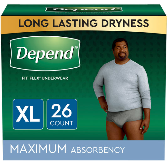Depend Fresh Protection Adult Incontinence Underwear for Men, Disposable, Maximum Absorbency, Extra-Large, Grey, 26 ct (Case of 52)