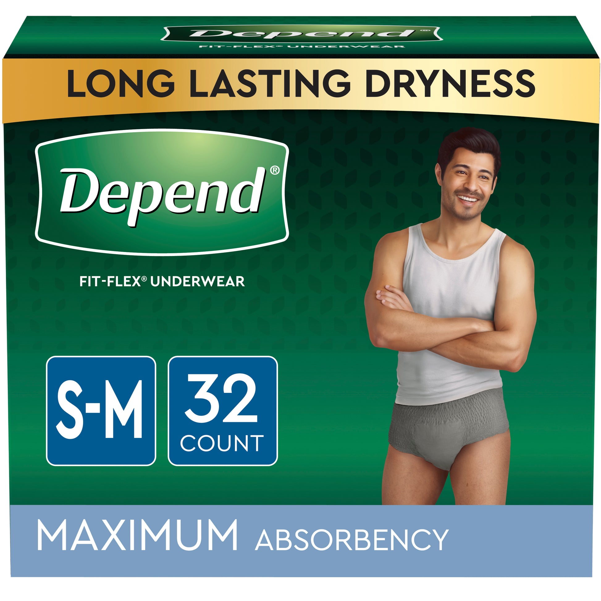 Depend FIT-FLEX Incontinence Underwear for Men, Maximum Absorbency, Small/Medium, Gray, 32 Count, Replaces Item 6912539 (Case of 64)