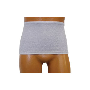 Men's Wrap/Brief with Open Crotch and Built-in Ostomy Barrier/Support Gray, Center Stoma, Small 32-34