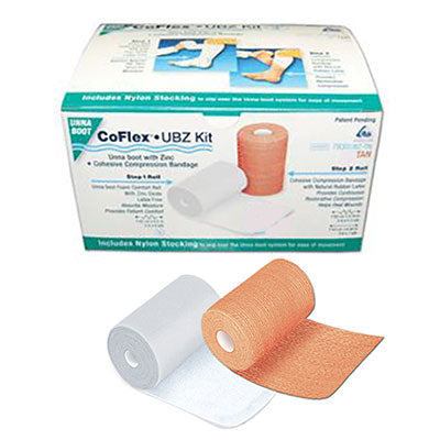 CoFlex Unna Boot Zinc Cohesive Bandage Kit, Two-Layer Compression with Medicated Foam, Tan/White, 3" x 7 yd