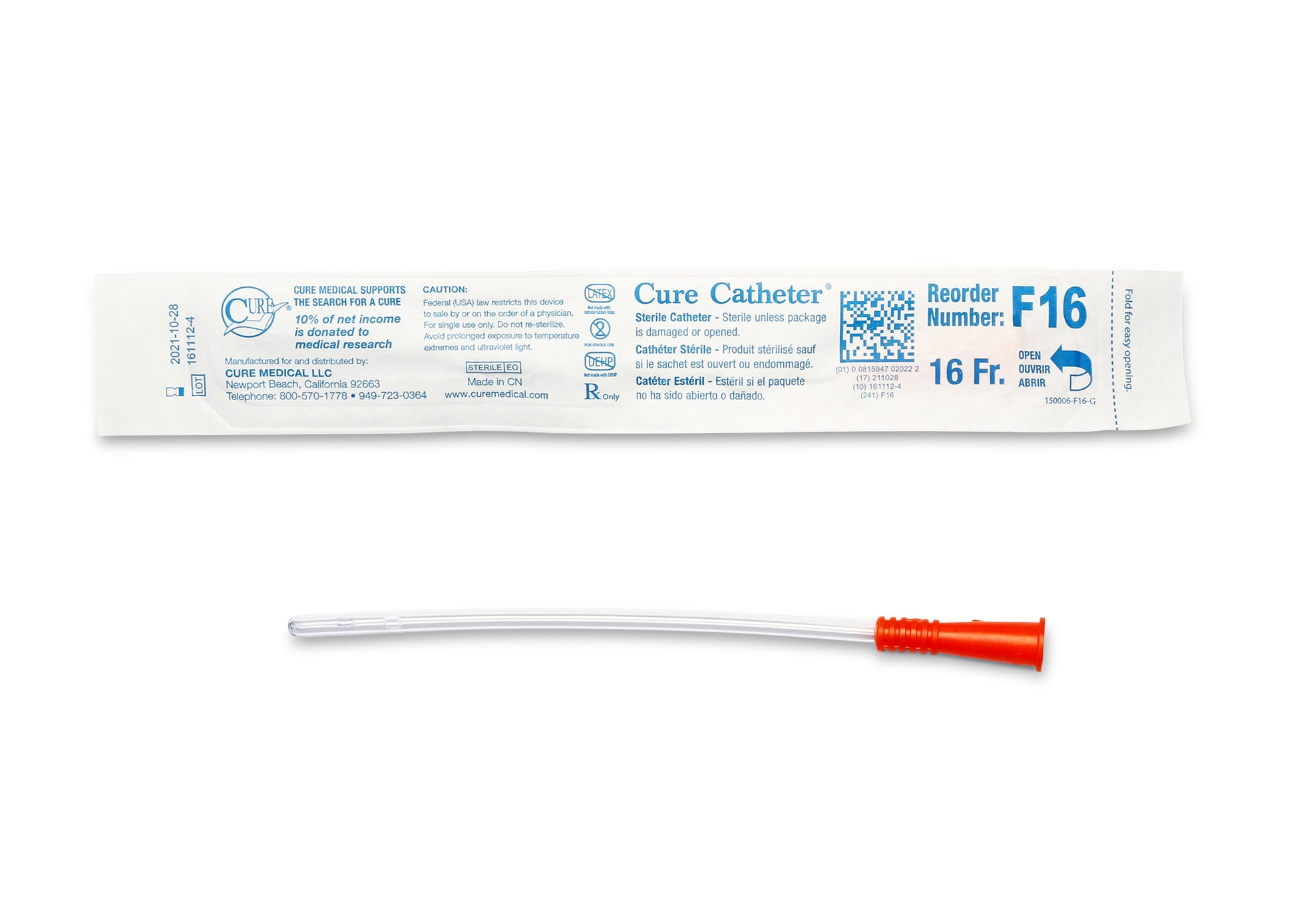 Cure Catheter Uncoated, Single, Female, 6" Straight Tip, 16 FR