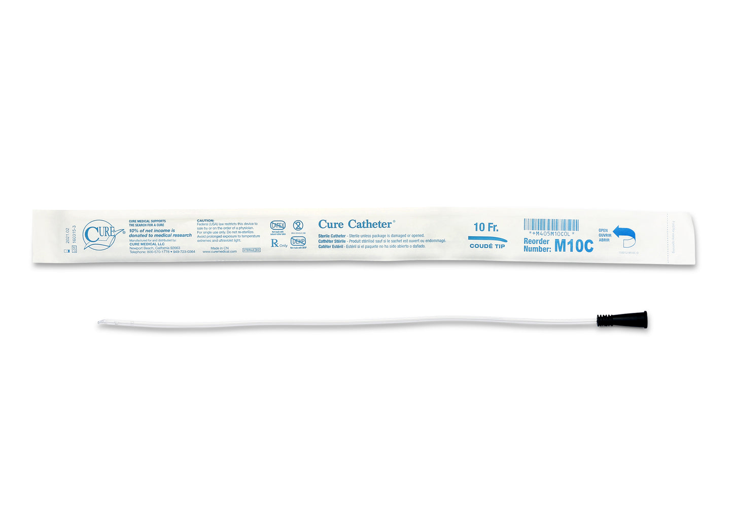 Cure Catheter Uncoated, Single, Male, 16" Coude Tip, 10 FR (Case of 300)