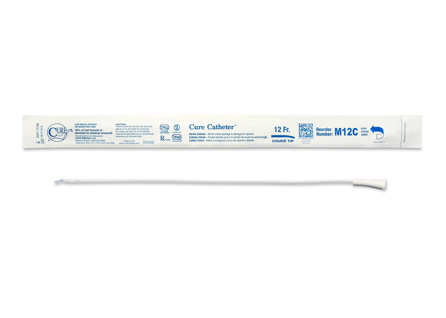 Cure Catheter Uncoated, Single, Male, 16" Coude Tip, 12 FR