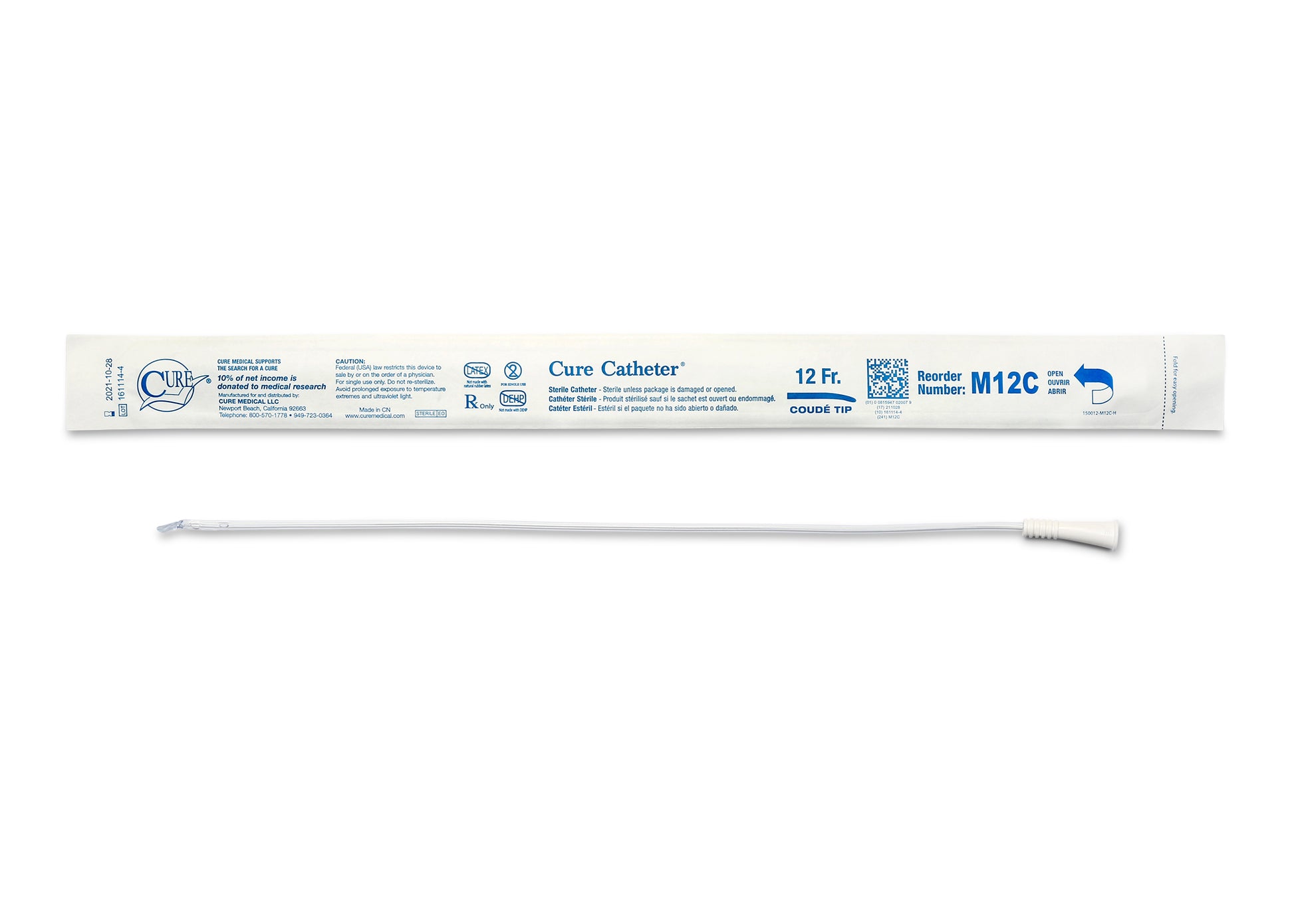 Cure Catheter Uncoated, Single, Male, 16" Coude Tip, 12 FR