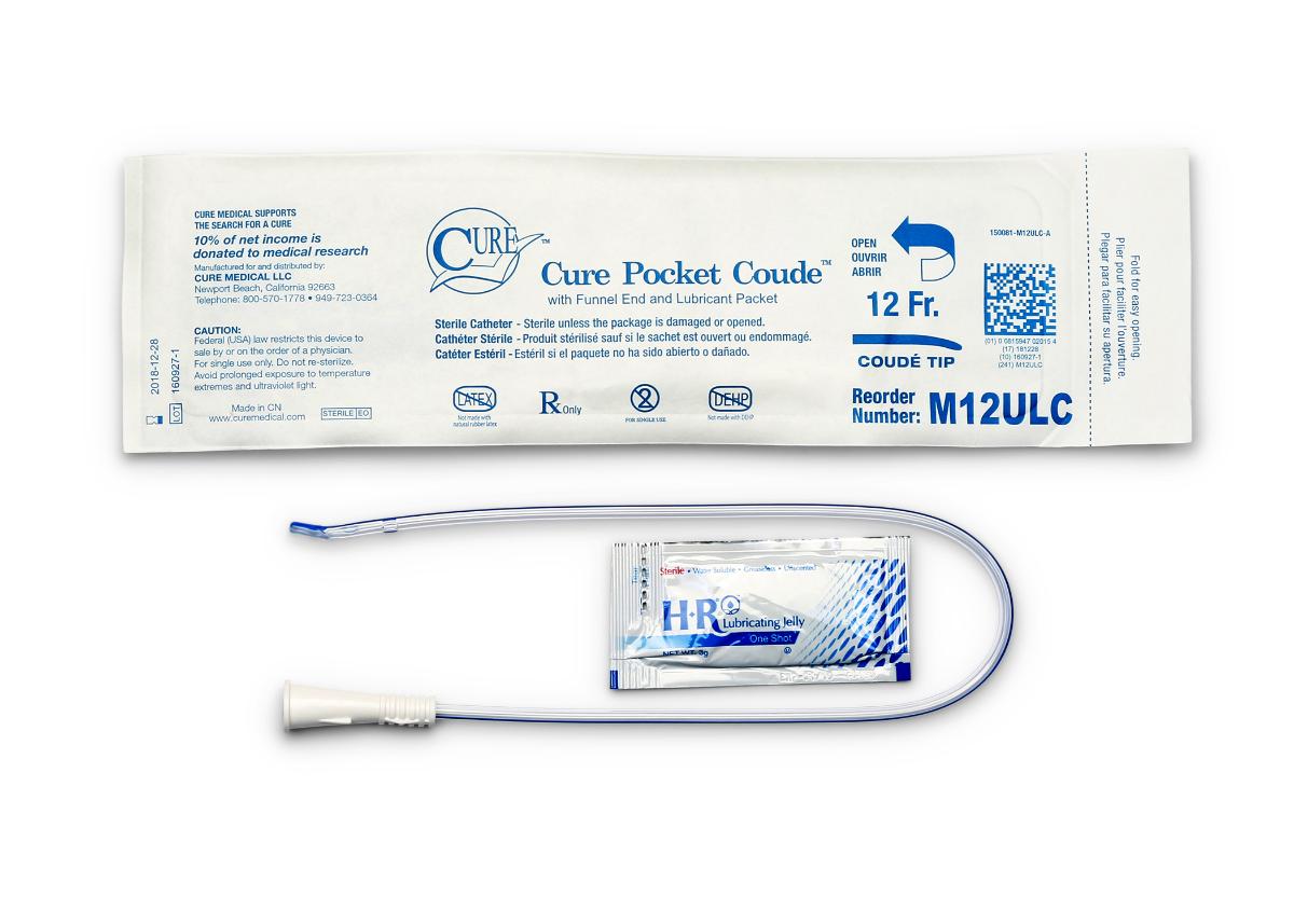 Cure Medical Pocket Catheter, Single, Male, 16" Coude Tip with Lubricant, 12 FR