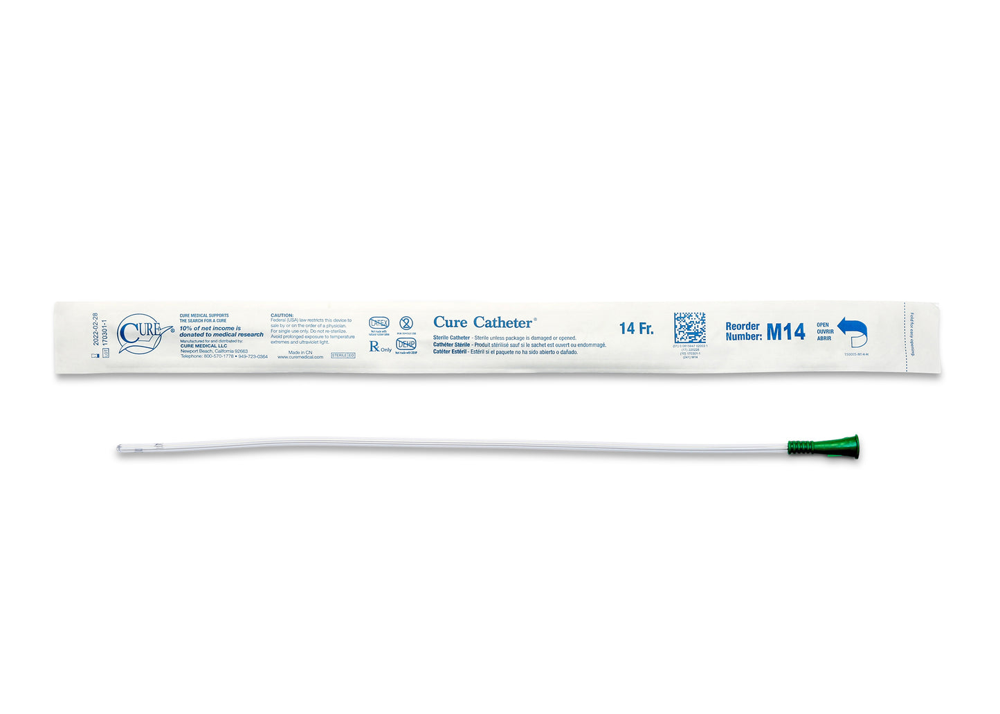 Cure Catheter Uncoated, Single, Male, 16" Straight Tip, 14 FR
