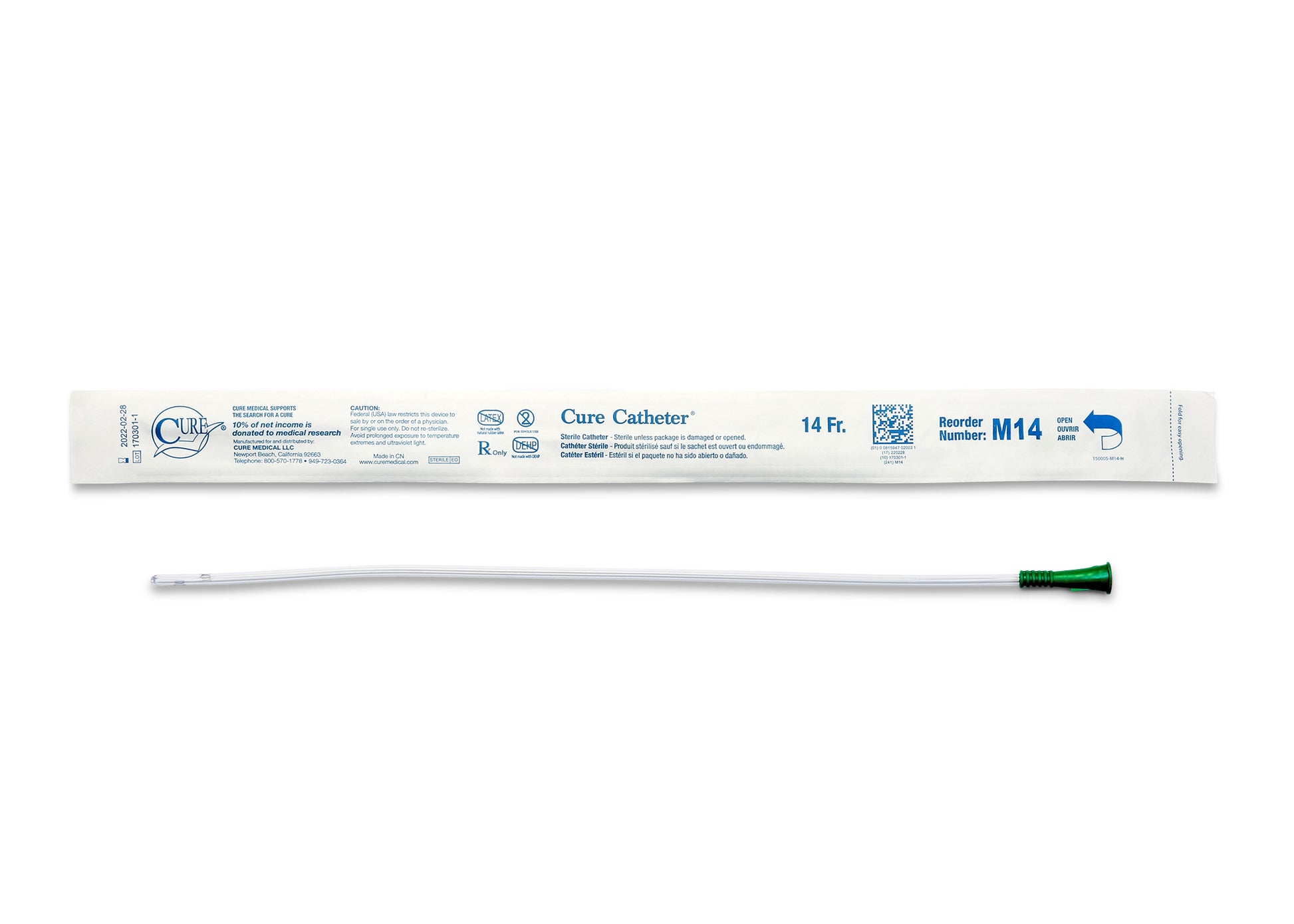 Cure Catheter Uncoated, Single, Male, 16" Straight Tip, 14 FR