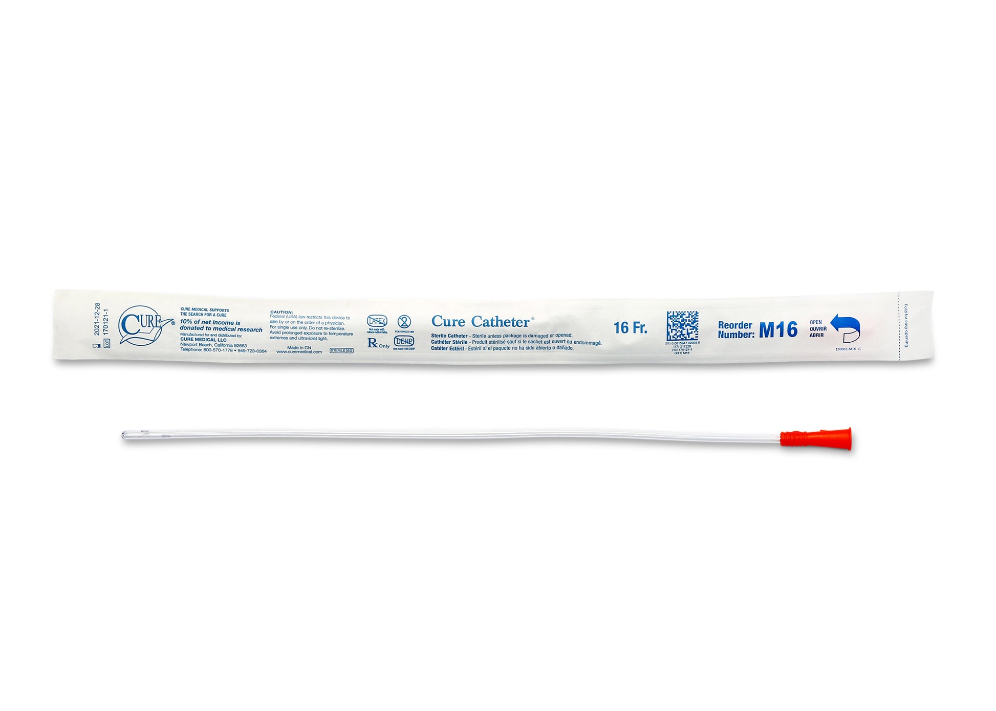 Cure Catheter Uncoated, Single, Male, 16" Straight Tip, 16 FR (Box of 30)