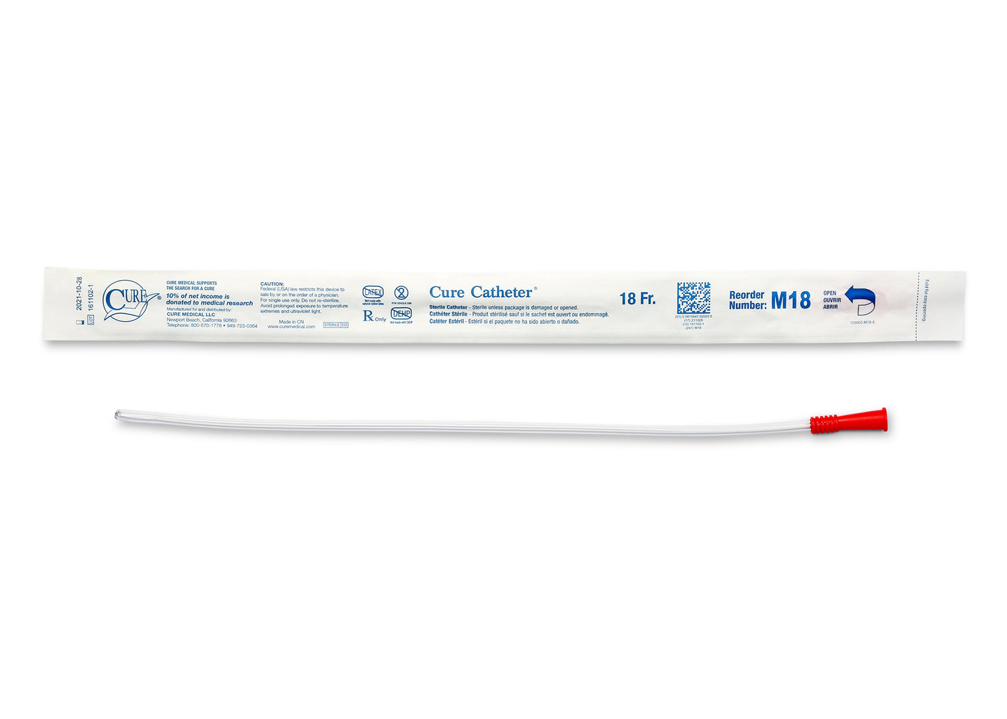 Cure Catheter Uncoated, Single, Male, 16" Straight Tip, 18 FR