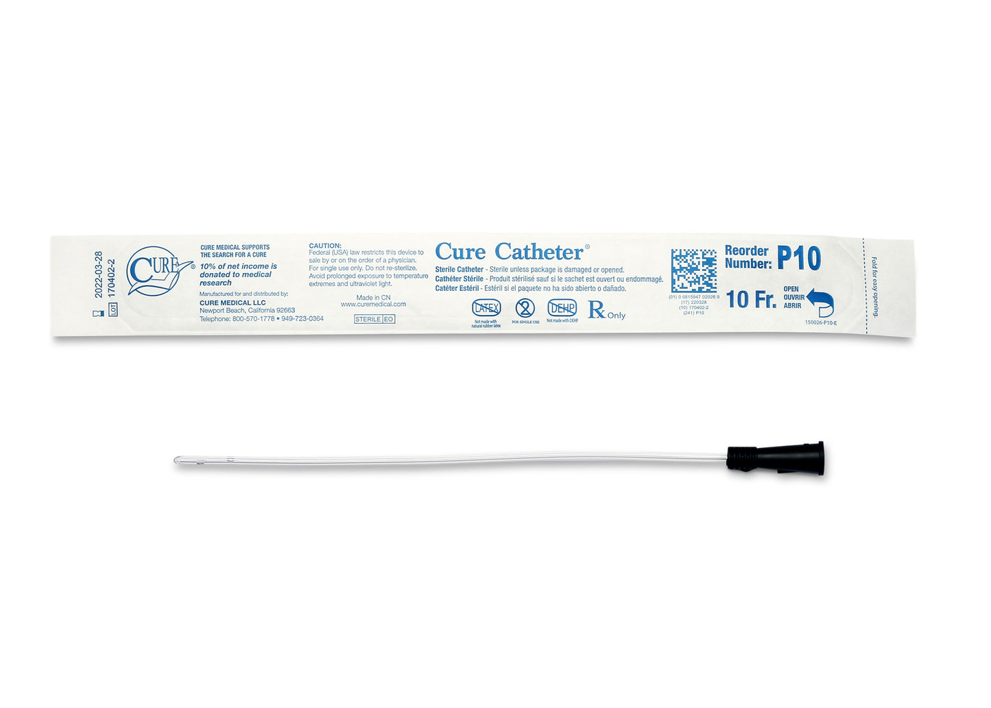 Cure Catheter Uncoated, Single, Pediatric, 10" Straight Tip, 10 FR