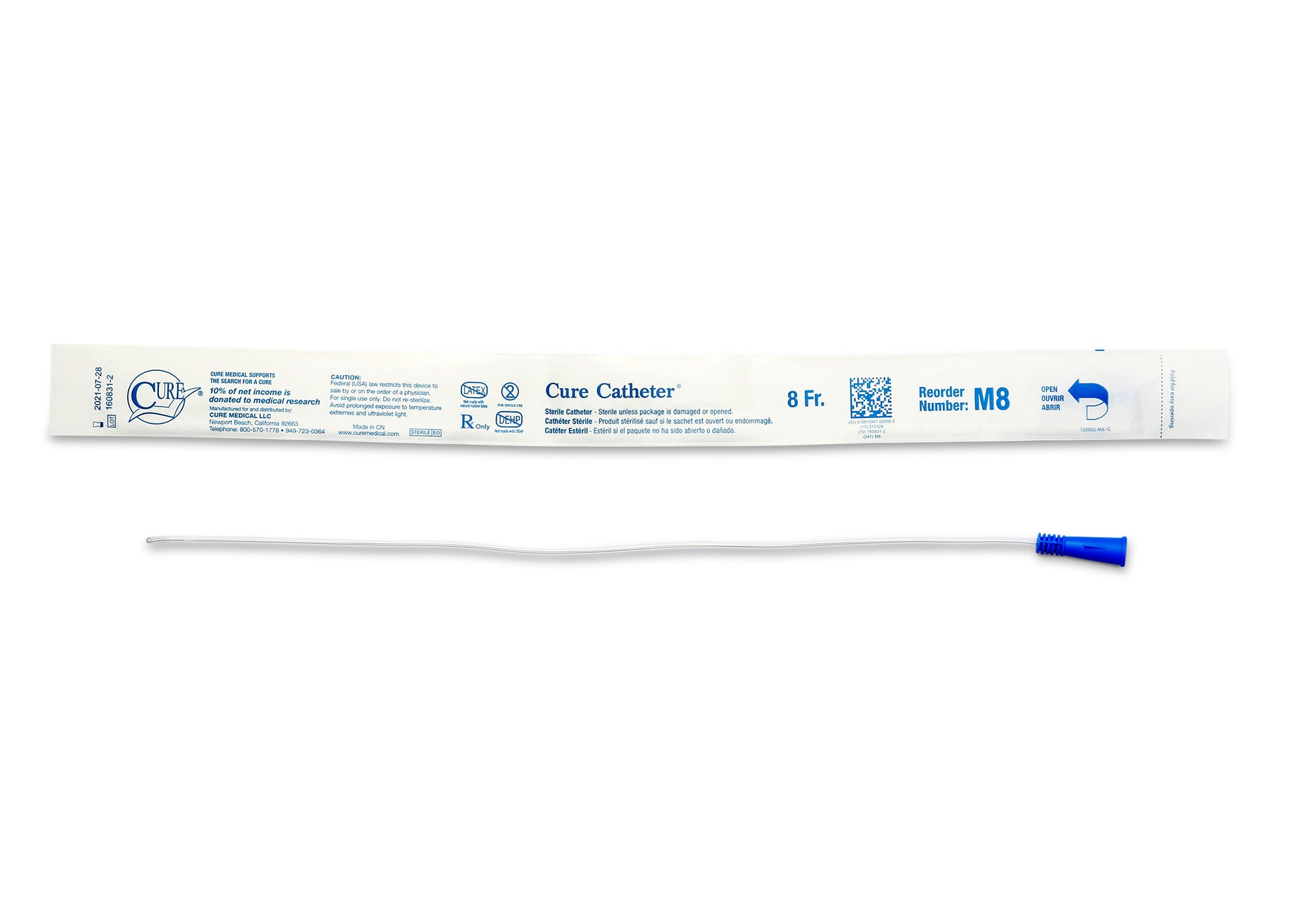 Cure Catheter Uncoated, Single, Male, 16" Straight Tip, 8 FR (Box of 30)