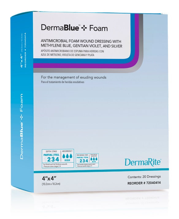 Dermablue+ Foam Wound Dressing, 4" x 4" x 1/4" (Box of 10)