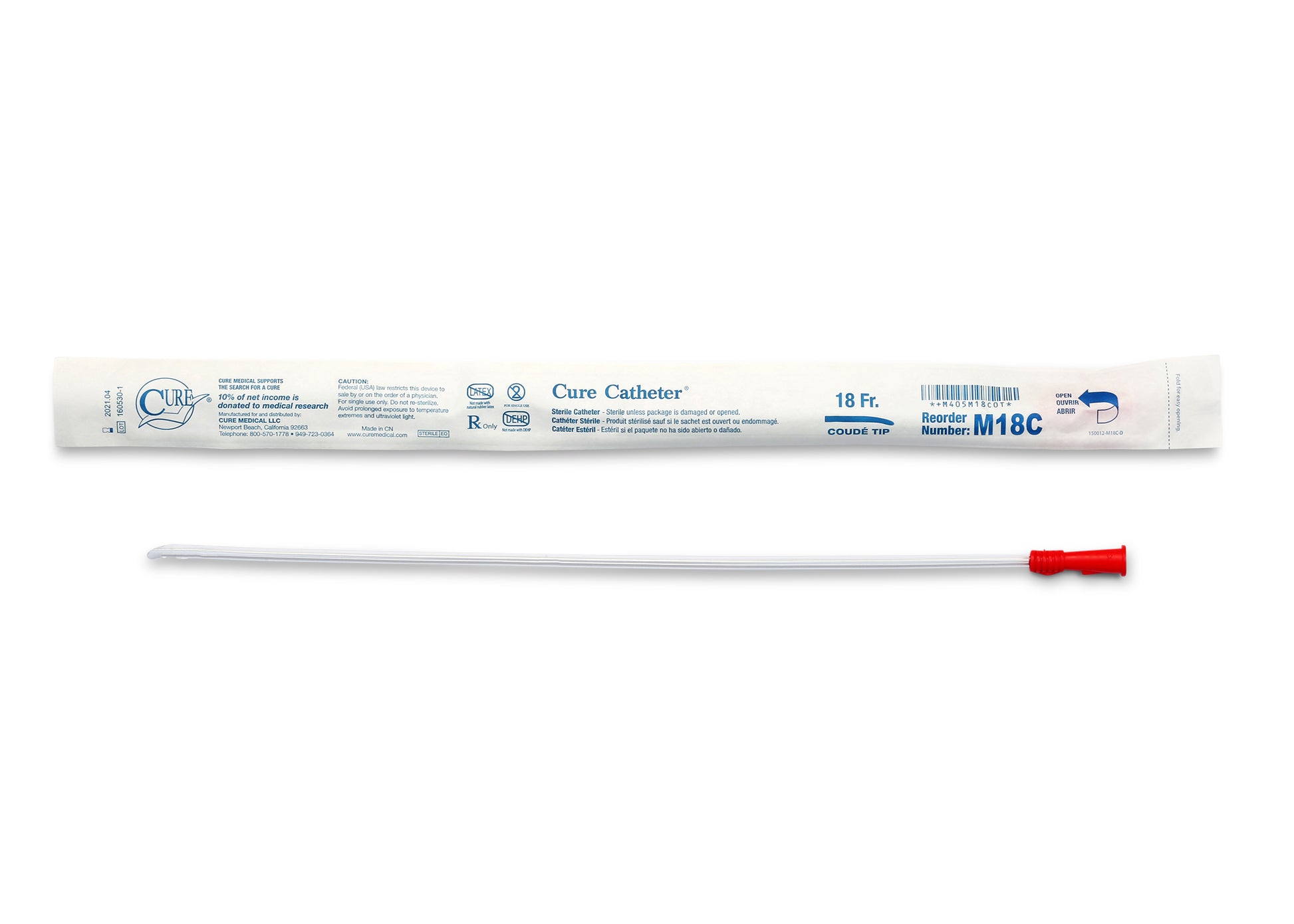 Cure Catheter Uncoated, Single, Male, 16" Coude Tip, 18 FR (Box of 30)