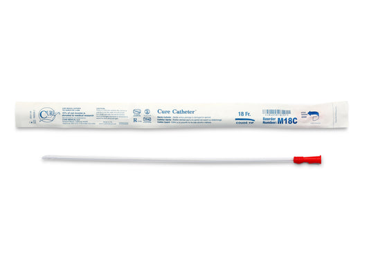 Cure Catheter Uncoated, Single, Male, 16" Coude Tip, 18 FR (Box of 30)