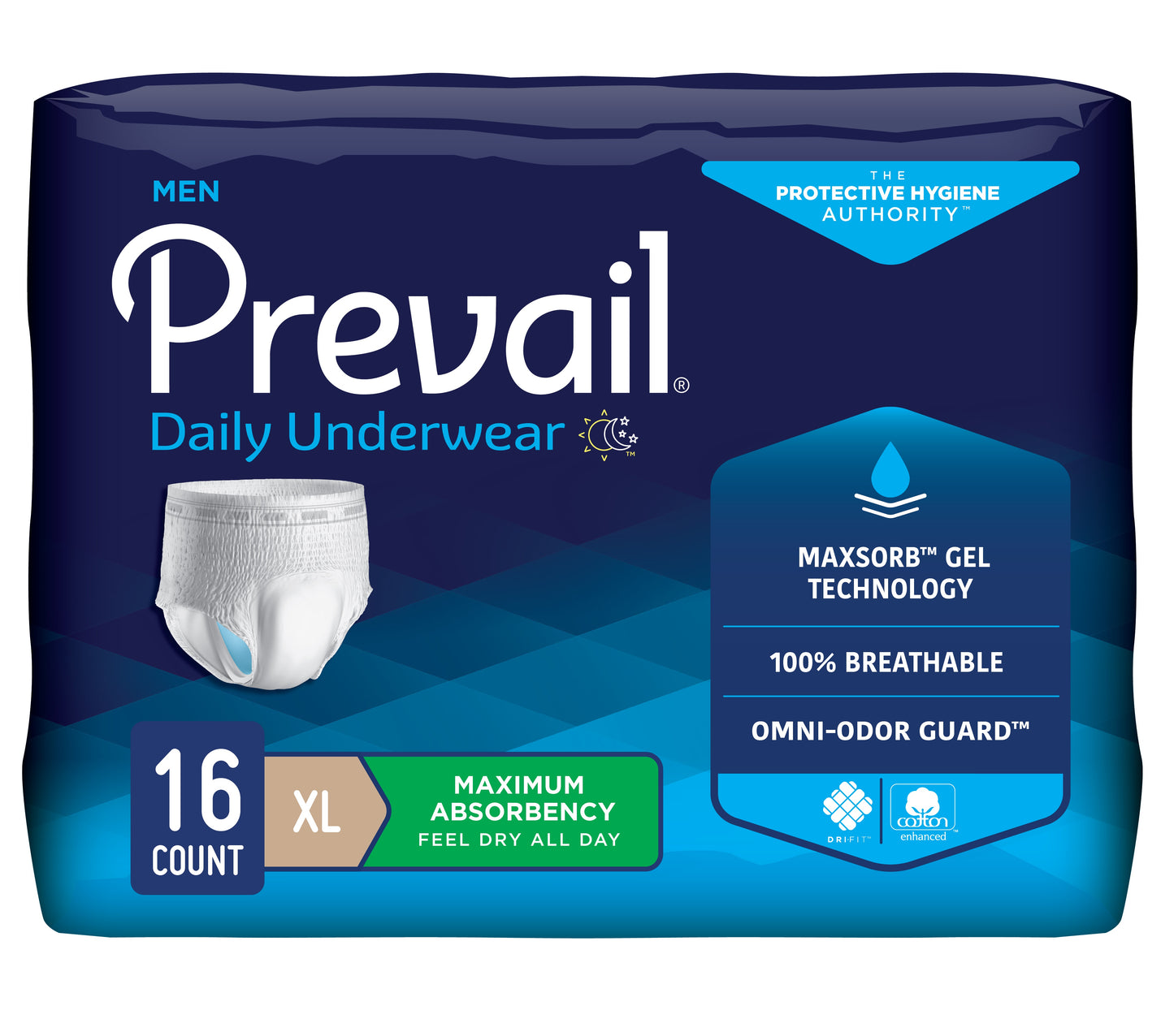 Prevail Underwear for Men, X-Large, 48" - 64", Maximum Absorbency (Package of 16)