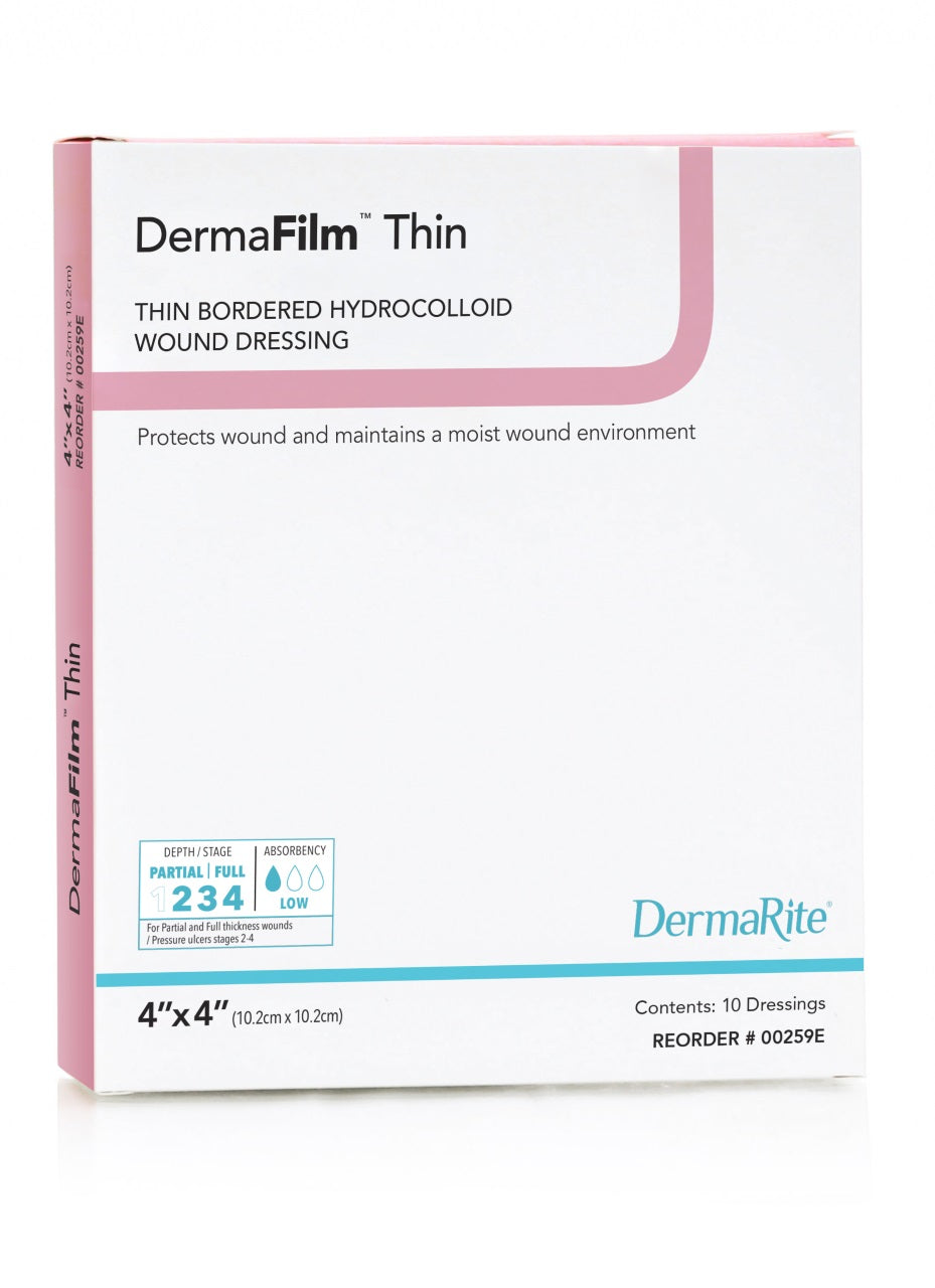DermaFilm Hydrocolloid Wound Dressing, Thin with Border, 4" x 4" (Box of 10)