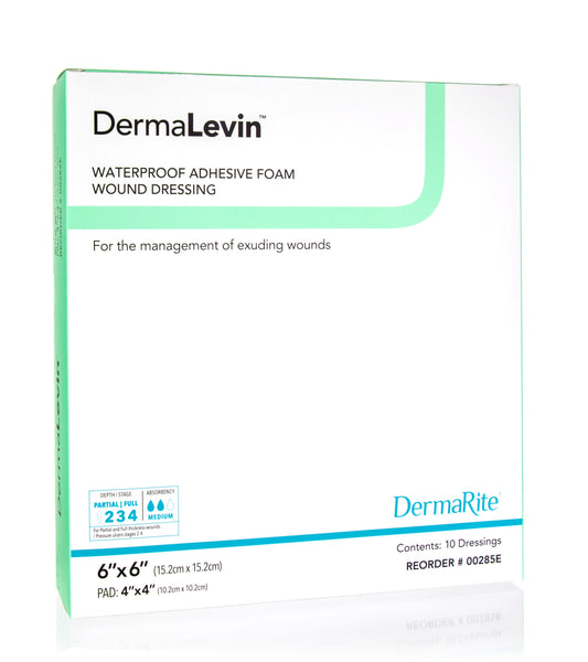 DermaLevin Waterproof Foam Dressing with Border, 6" x 6" (Box of 10)