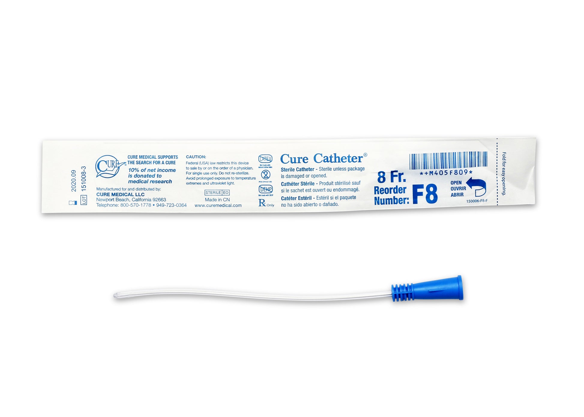 Cure Catheter Uncoated, Single, Female, 6" Straight Tip, 8 FR (Case of 300)