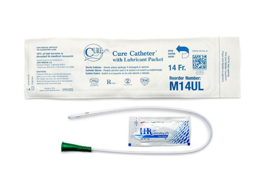 Cure Medical Pocket Catheter, Single, Male, 16" Straight Tip with Lubricant, 14 FR (Case of 300)