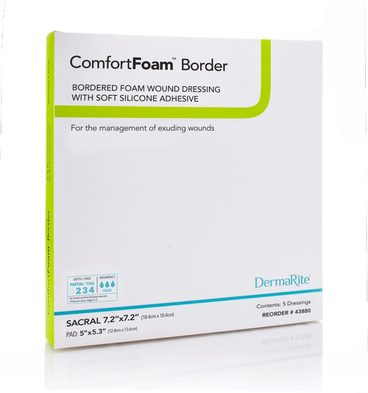 ComfortFoam Border Foam Wound Dressing with Soft Silicone Adhesive, Sm. Sacral, 7.2" x 7.2"