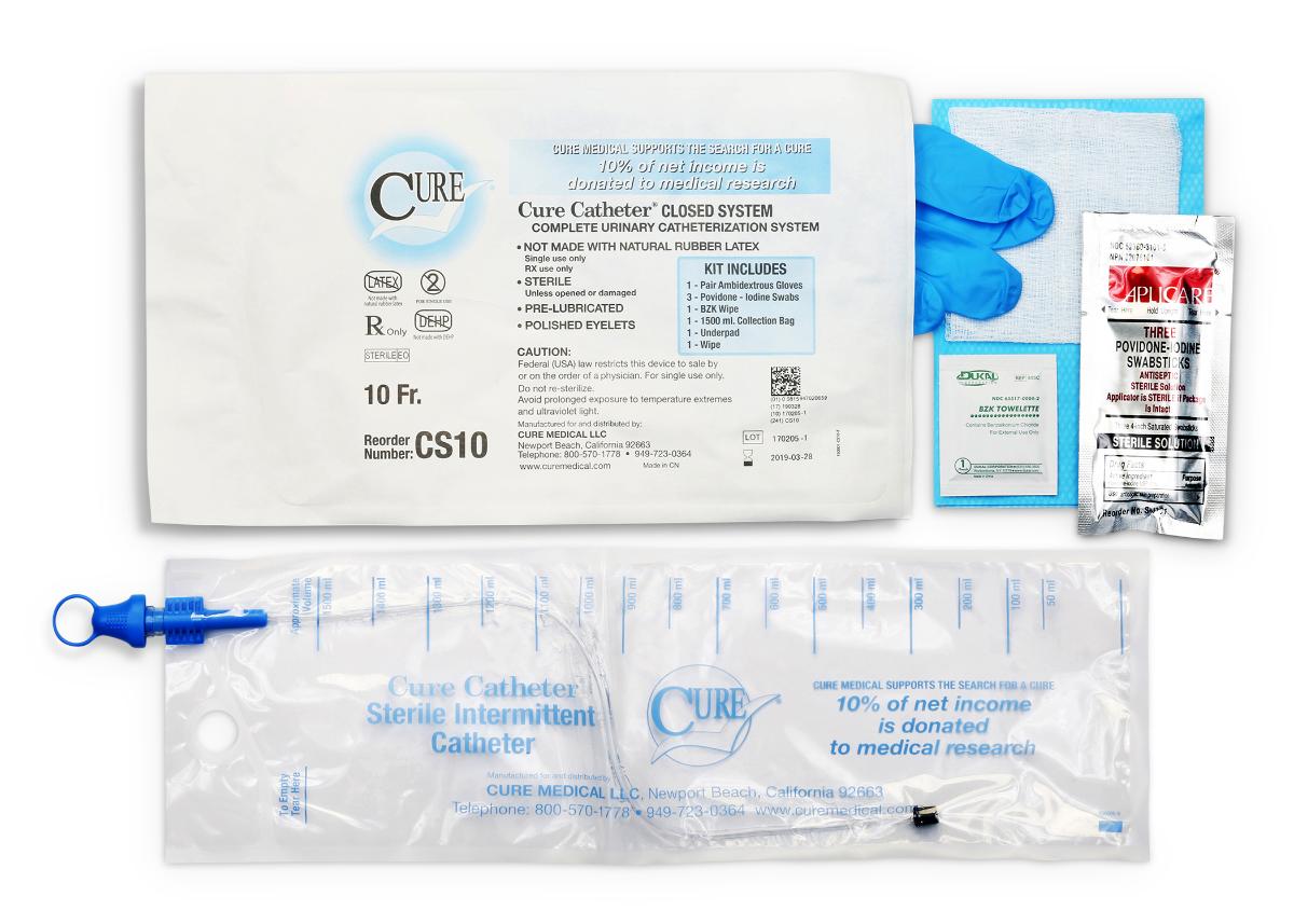 Cure Catheter Closed System Kit, Unisex, Straight Tip with Integrated 1500mL Collection Bag, 10 FR (Case of 100)