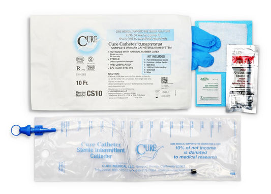 Cure Catheter Closed System Kit, Unisex, Straight Tip with Integrated 1500mL Collection Bag, 10 FR (Case of 100)